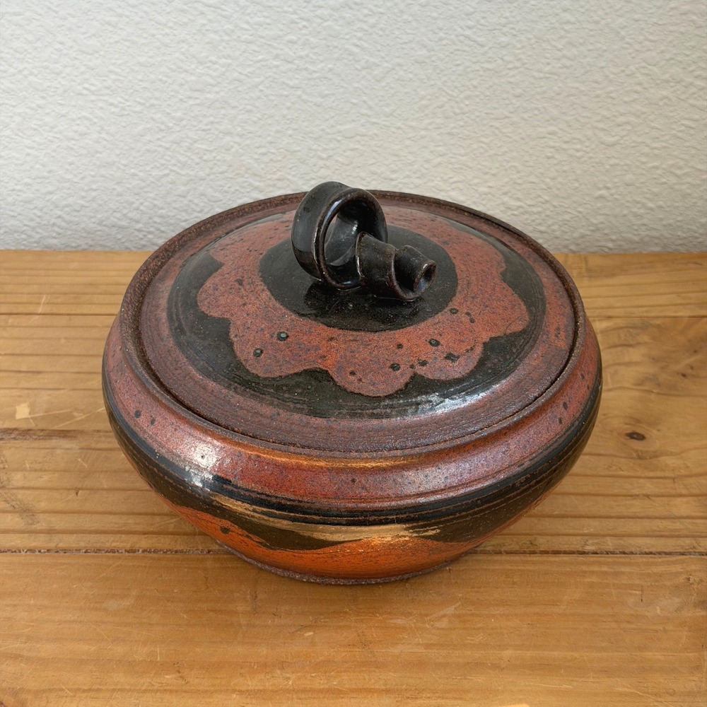 Studio Pottery Lidded Bowl, Hand Thrown Rust Copper Black Glaze, Ceramic Vessel